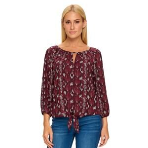 West K Women’s Burgundy Snake Print Tie Front Blouse Medium NWOT 3/4 Sleeve